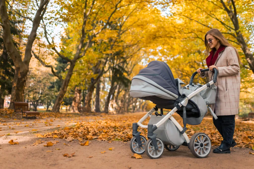 une maman avec une poussette dans un park